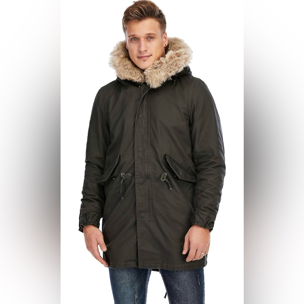 Men's Olive Parka with Faux Fur Hood